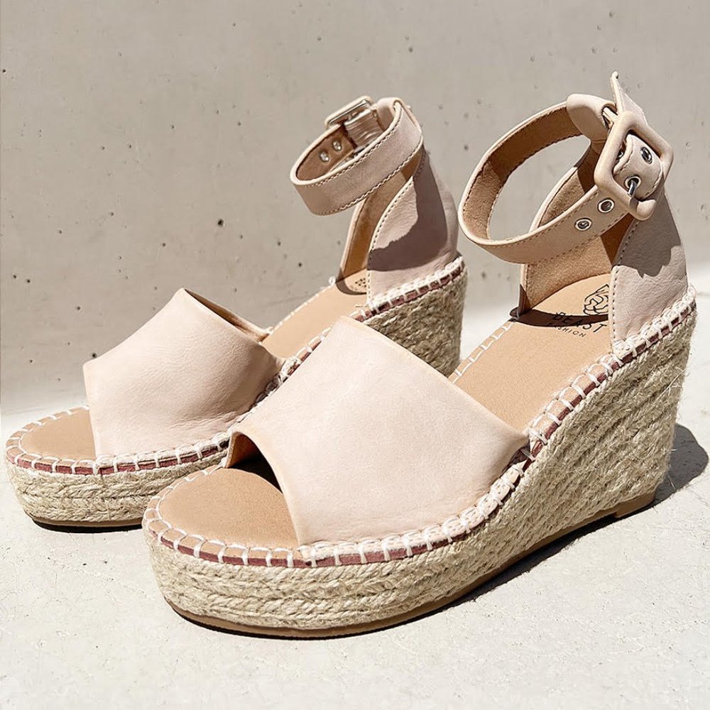 NEW Sand Nude Faux Leather Ankle Buckle Strap Espadrille Platform Wedge Sandals - Picture 5 of 13